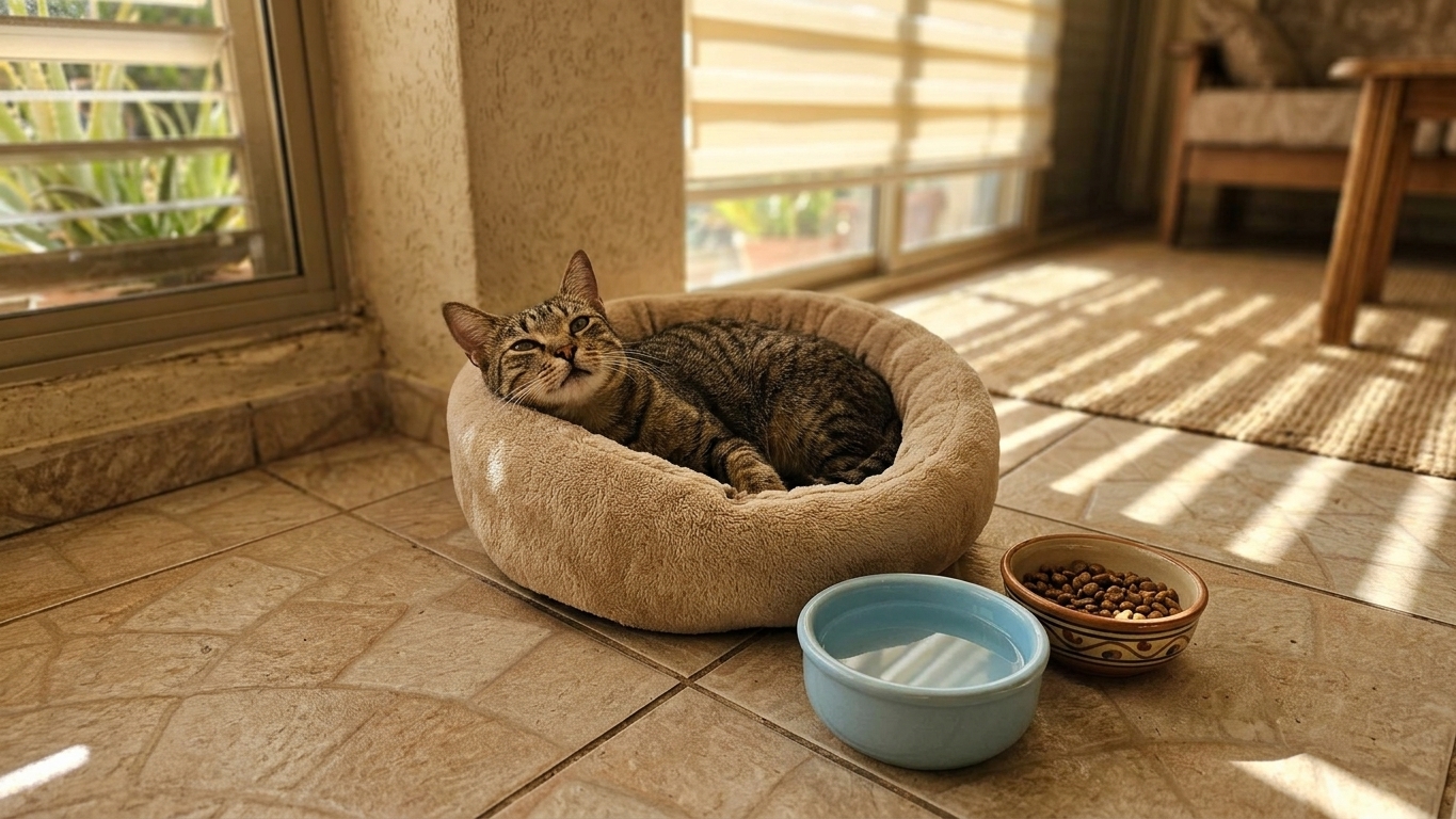 חתול נח בנוחות בבית ליד קערת מזון