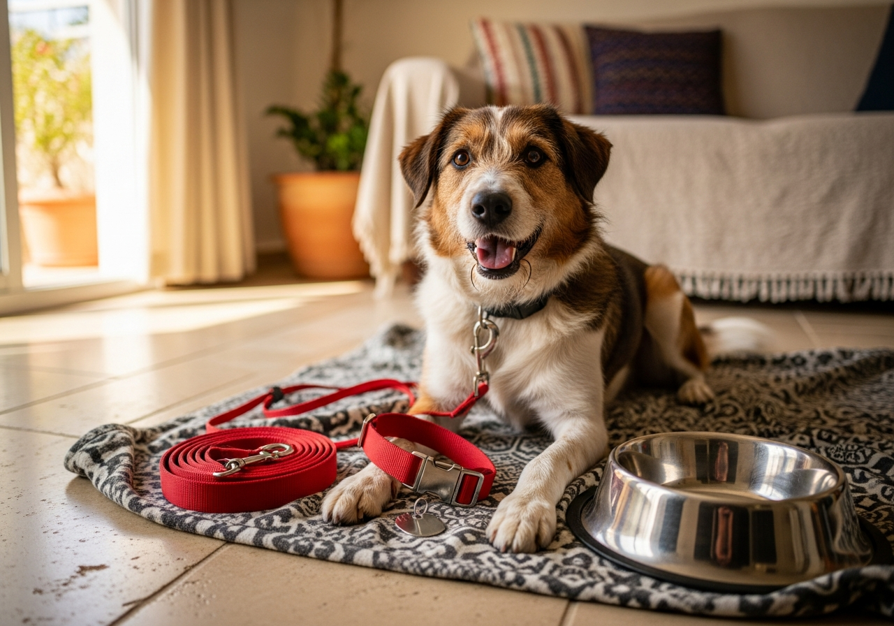 כלב מאומץ עם ציוד ראשוני מסל אימוץ