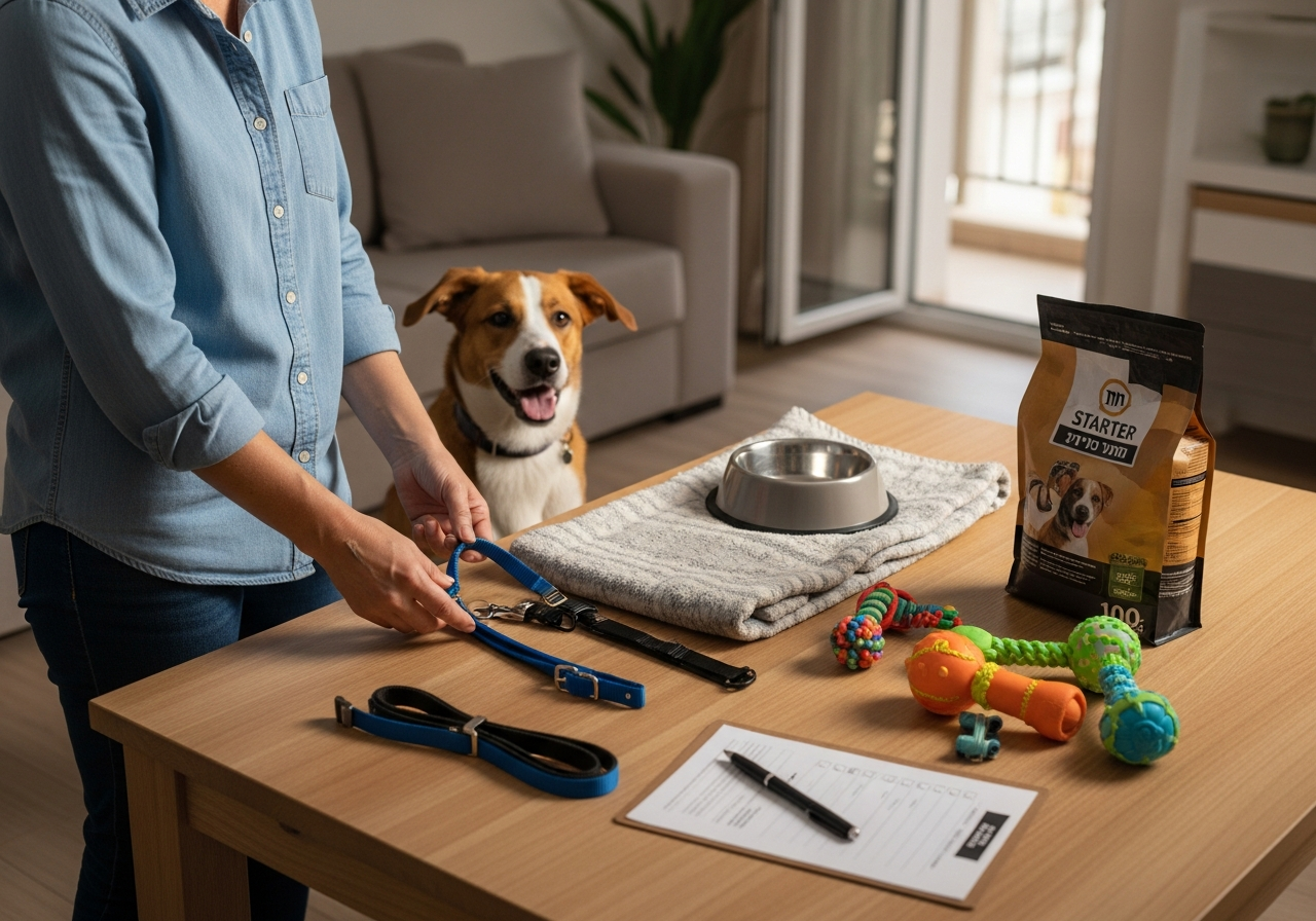 מאמץ כלב מכין ציוד ראשוני לכלב חדש בבית