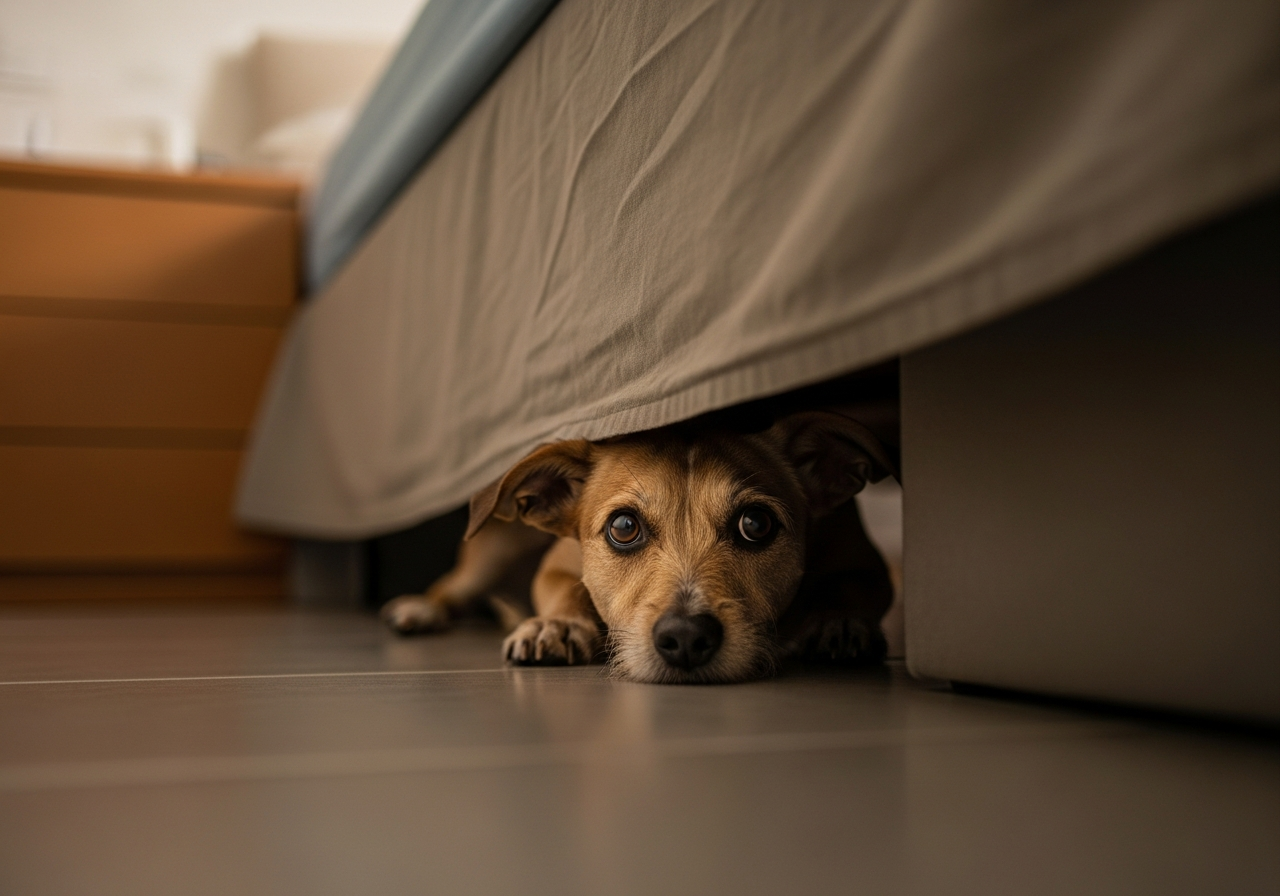 כלב מפגין סימני חרדה — מתחבא מתחת לשולחן עם זנב כפוף ומבט מפוחד