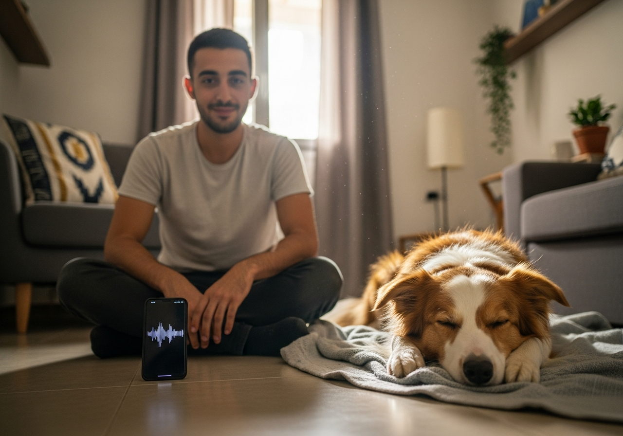 בעלים ישראלי מאמן את הכלב שלו בבית עם רמקול וחטיפים כחלק מתהליך דה-סנסיטיזציה