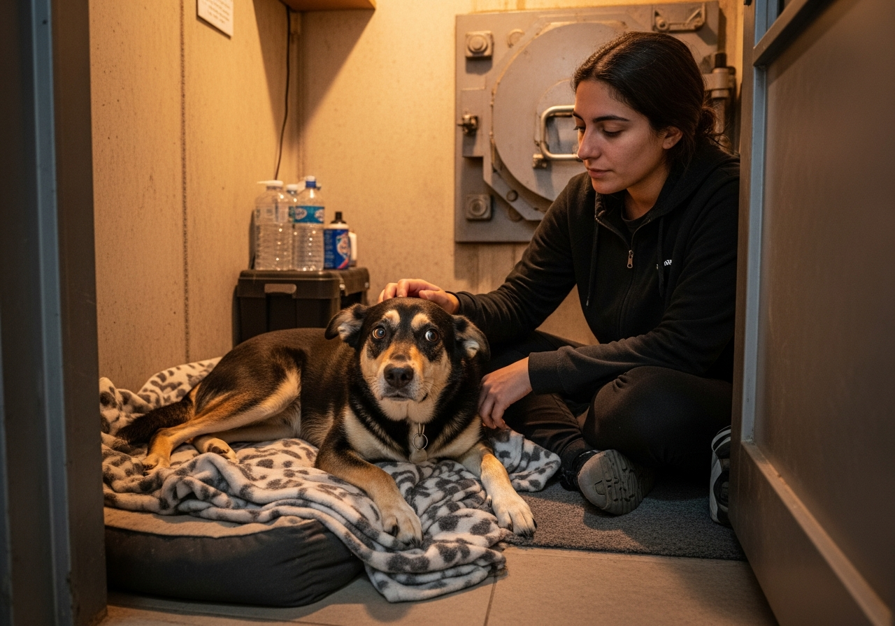 כלב שוכב על שמיכה מוכרת בממ״ד עם בעליו לצידו