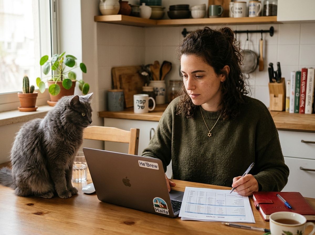אישה צעירה ליד שולחן מטבח עם מחשב נייד, וחתול אפור יושב לצידה