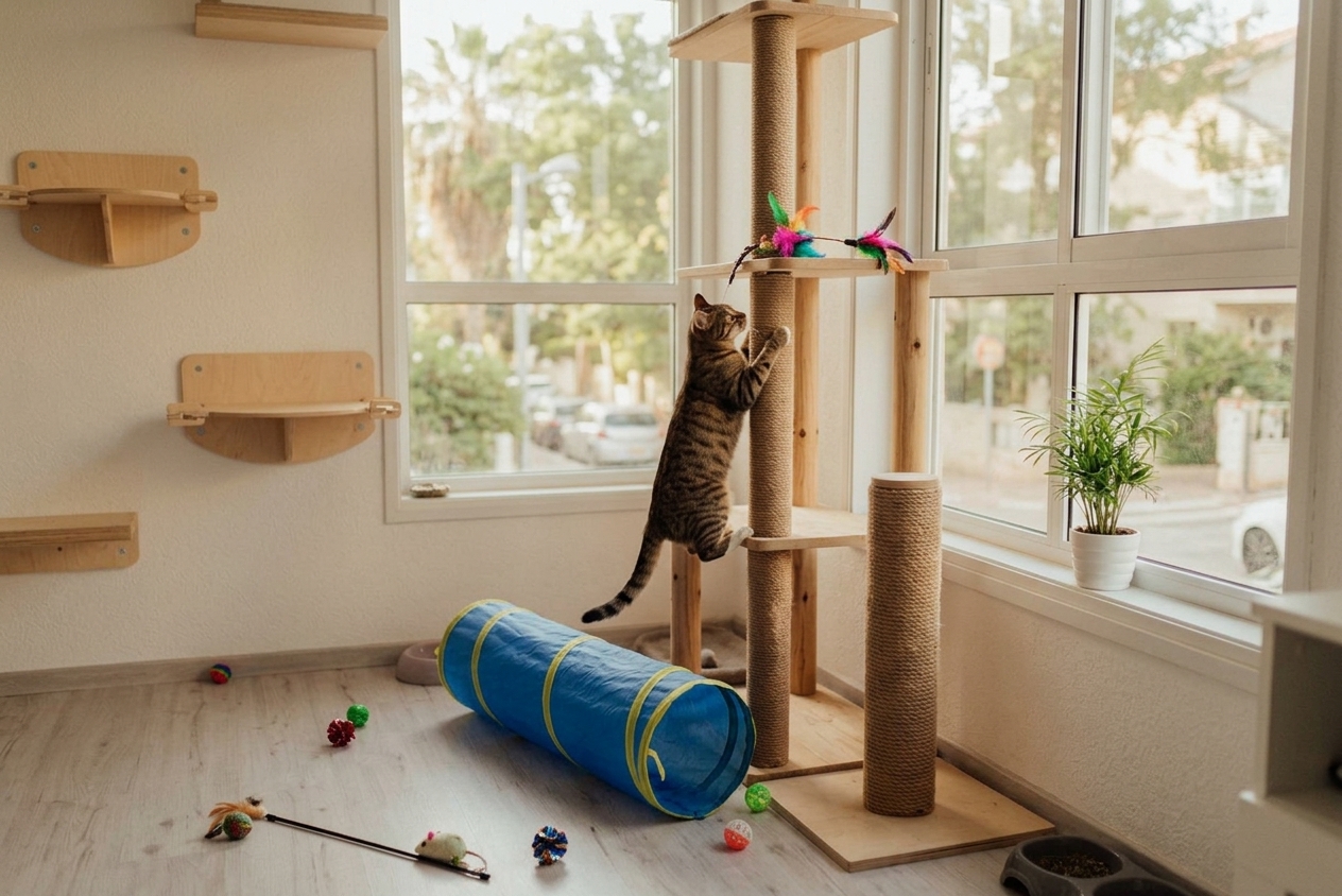 חתול מטפס על מתקן גירוד ומשחק עם צעצועים בסביבה מועשרת