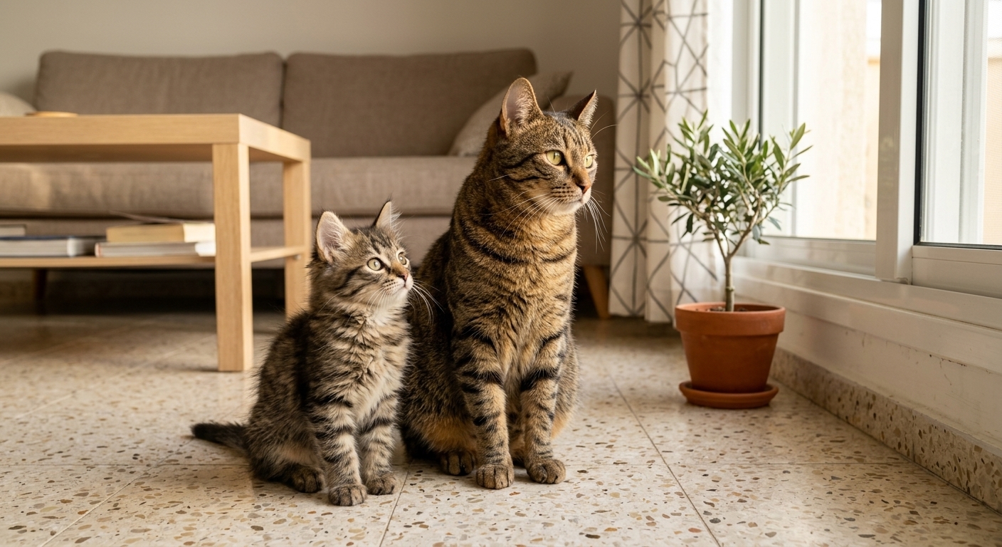חתלתול וחתול בוגר אוכלים מקערות נפרדות — תזונה לפי גיל