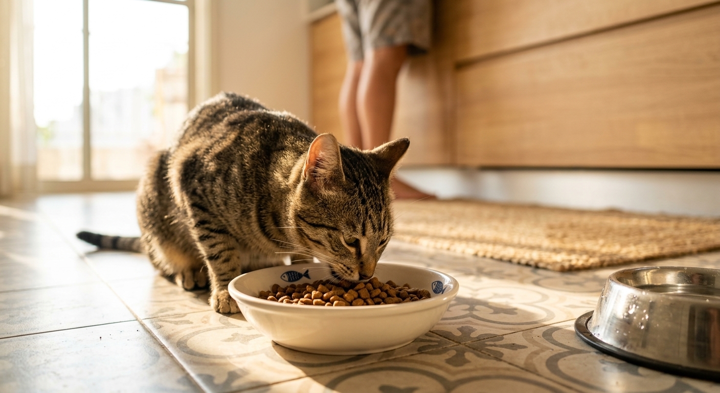 חתול טאבי אוכל ממנת מזון בקערה בפינת מטבח ישראלית
