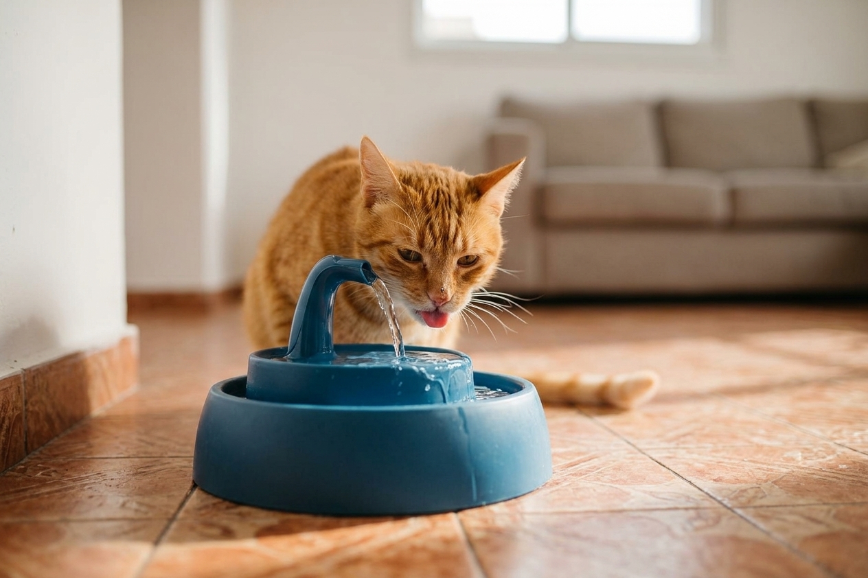 חתול שותה ממזרקת מים לחיות מחמד — הידרציה ובריאות דרכי השתן