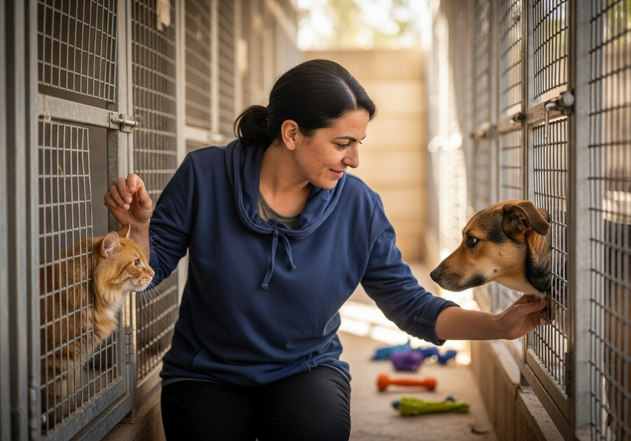 אדם פוגש כלב וחתול בבית אולפן בישראל