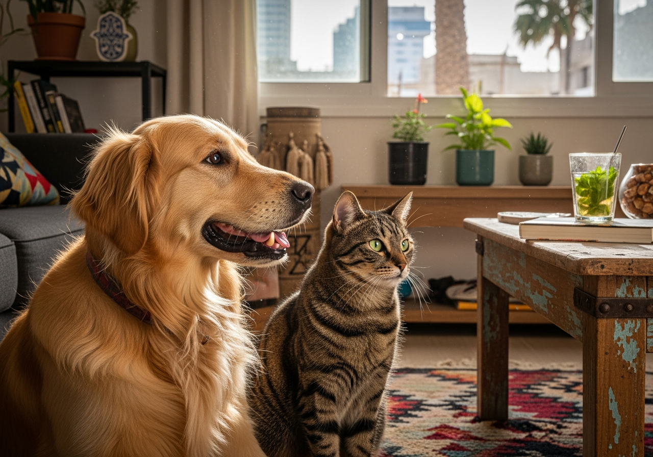 גולדן רטריבר וחתול גרוני חיים ביחד בדירה ישראלית