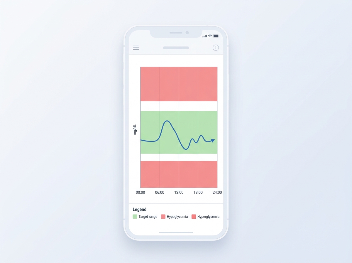גרף CGM לדוגמה של יום אחד אצל כלב סוכרתי: אזור ירוק מסמן טווח יעד, אזורים אדומים מסמנים אזורי סיכון להיפו ולהיפר, ועקומה כחולה עם חץ מגמה