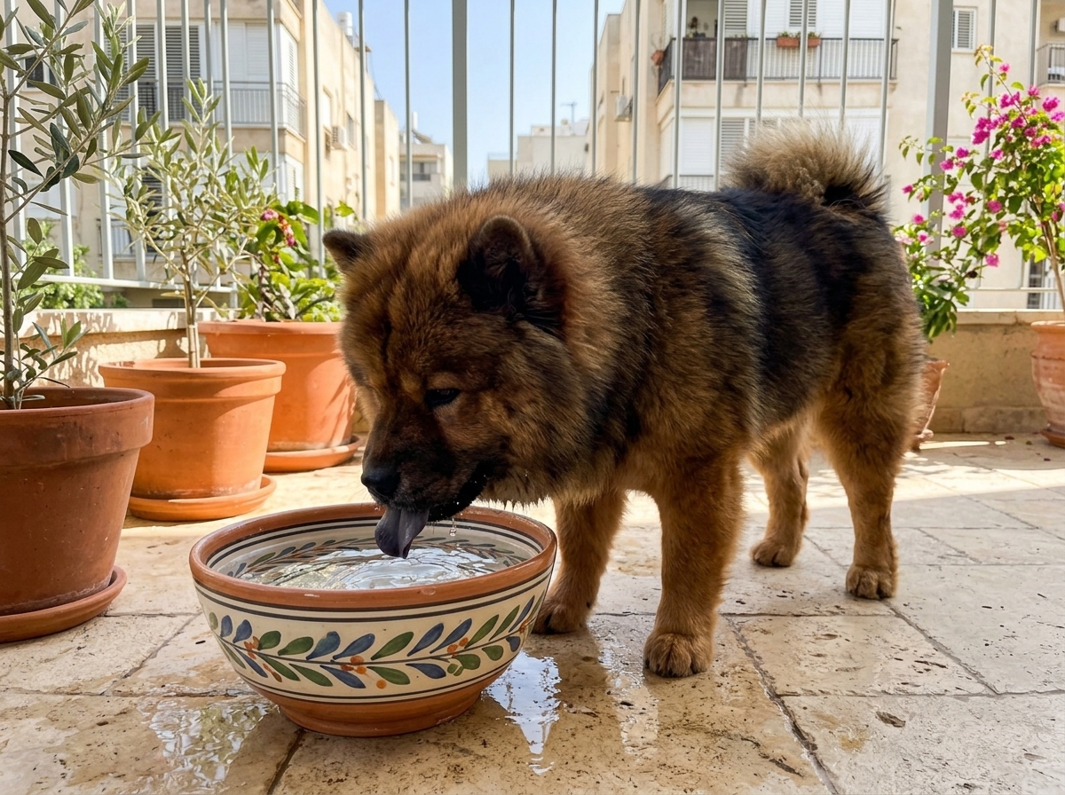 צ'או צ'או ננסי שותה מים מקערה בצל עץ בפארק ביום קיץ