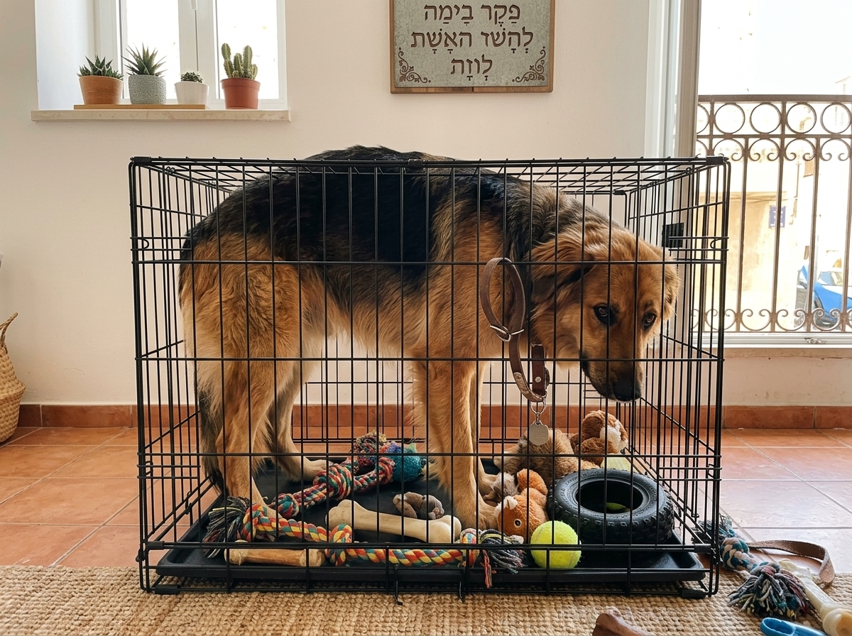 כלב גדול בכלוב קטן מדי — הדגמה של טעות נפוצה בבחירת מידת כלוב