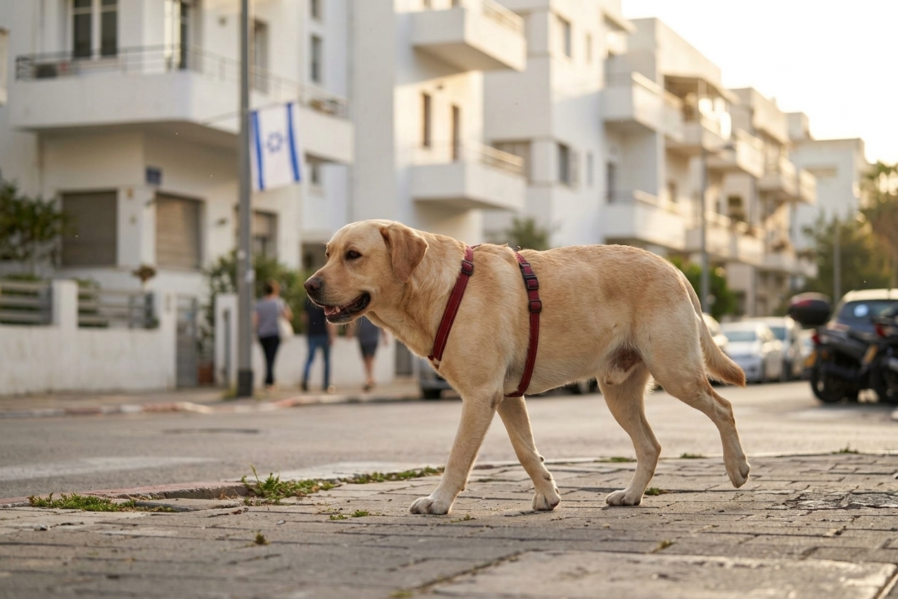 כלב לברדור צולע ברגל אחורית ברחוב — סימן אפשרי לקרע ברצועה הצולבת