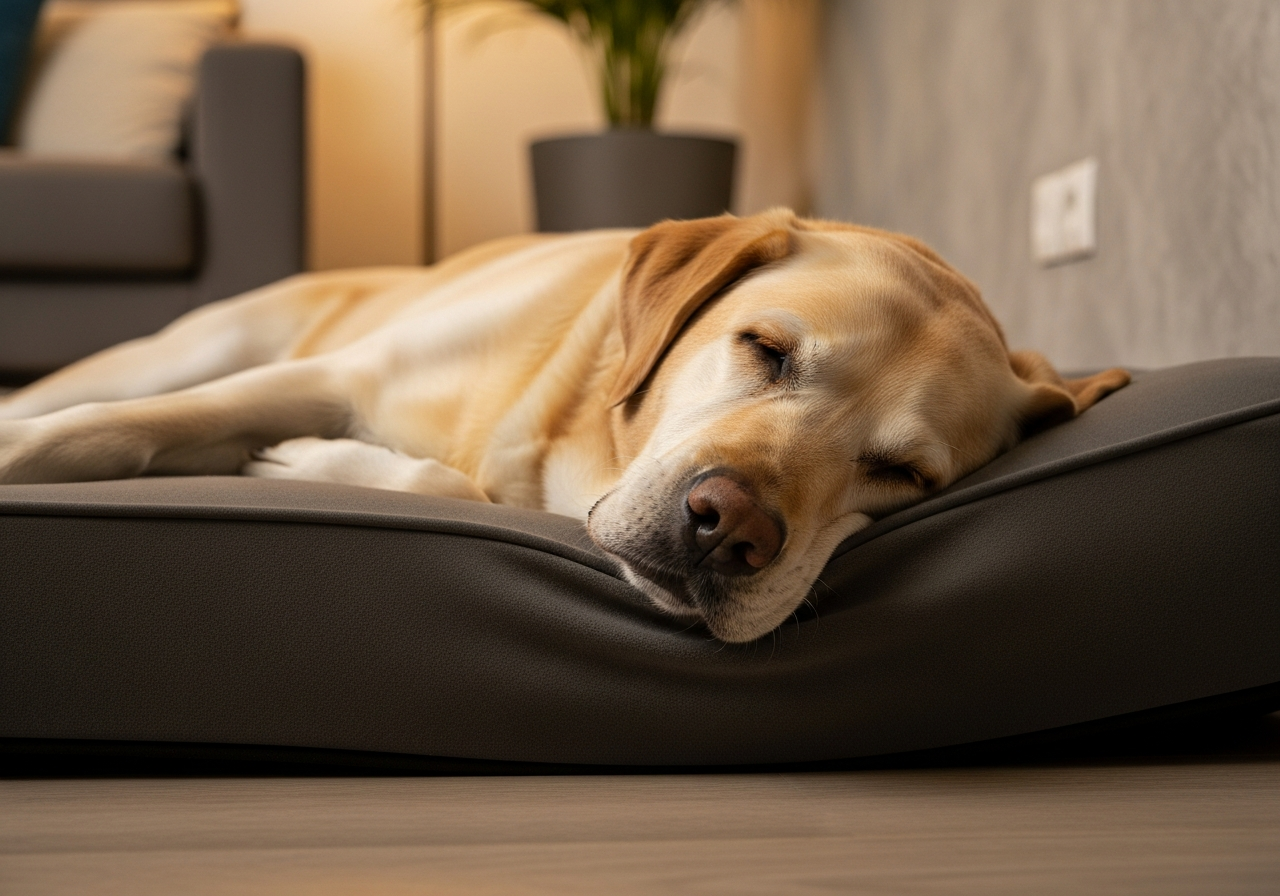 כלב זקן שוכב על מיטה אורתופדית