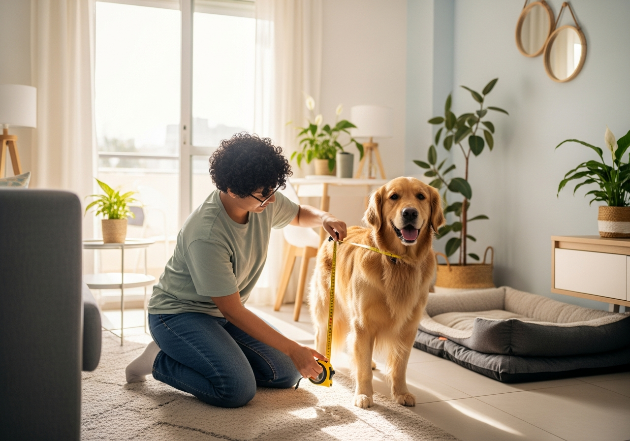 בעלים מודדים כלב לקביעת גודל מיטה מתאים