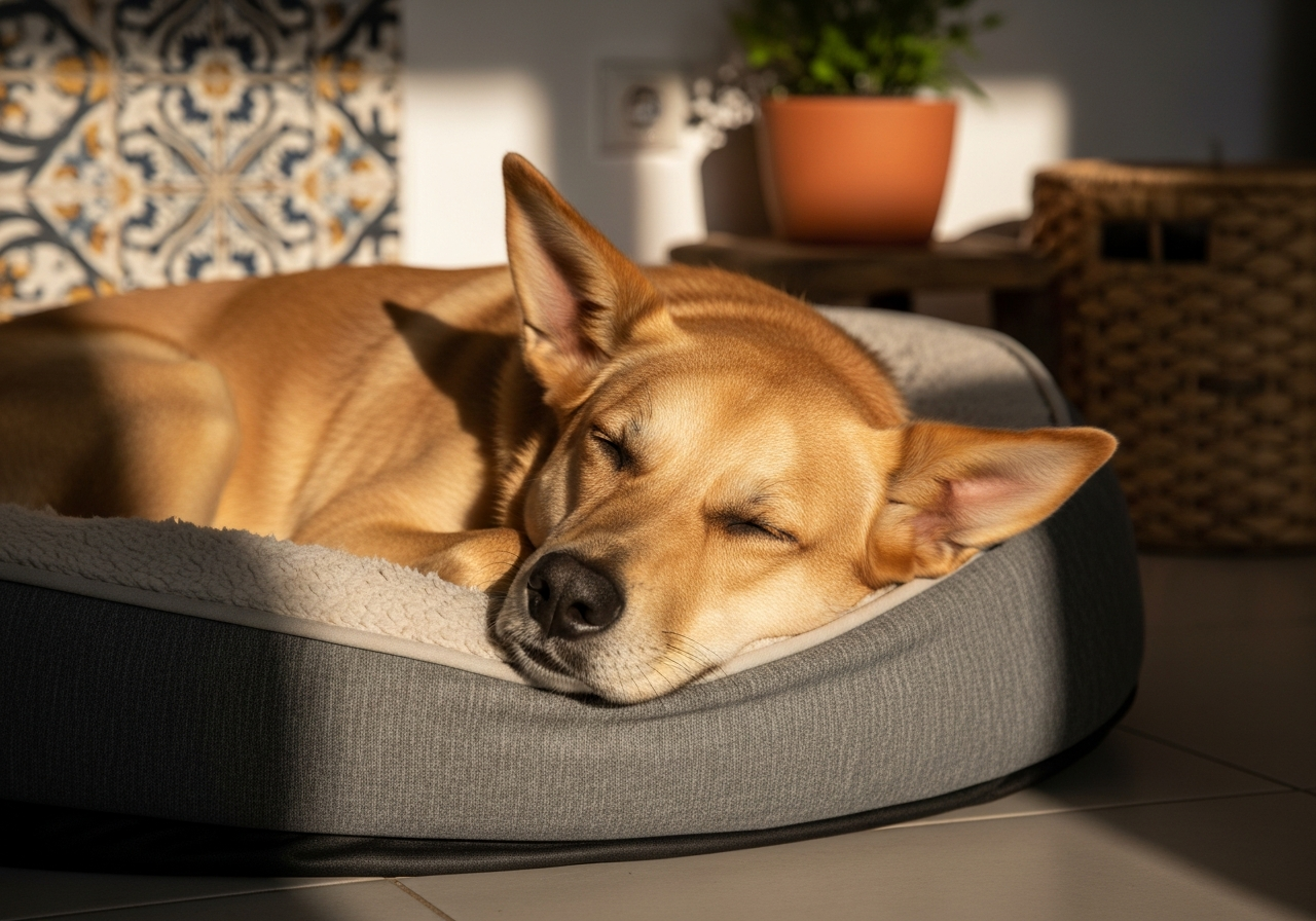 כלב ישן ספון ונוח במיטה שלו