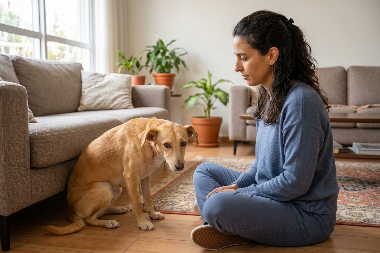 כלב עם סימני חרדה — אוזניים מוטות וזנב מכופף