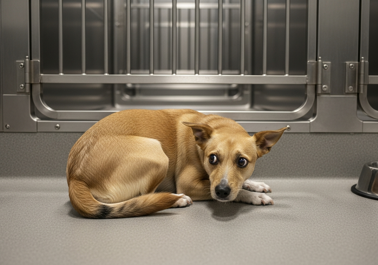 כלב מודאג ועצבני ישן בפנסיון