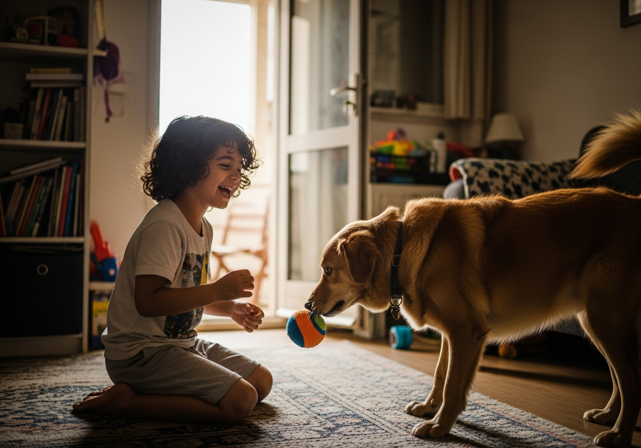 ילד ישראלי משחק עם כלב בדירה