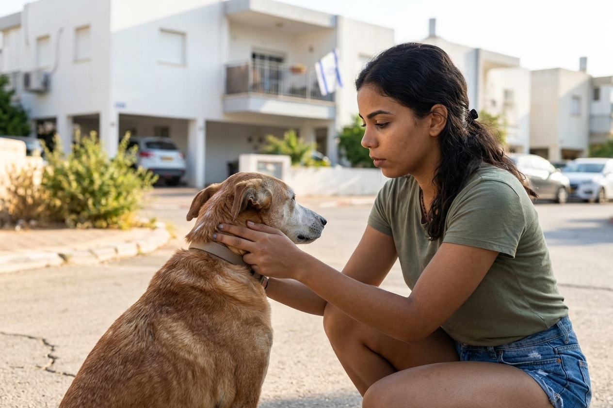 אישה ישראלית צעירה מתאימה קולר לכלב תוך הדגמת כלל שתי האצבעות
