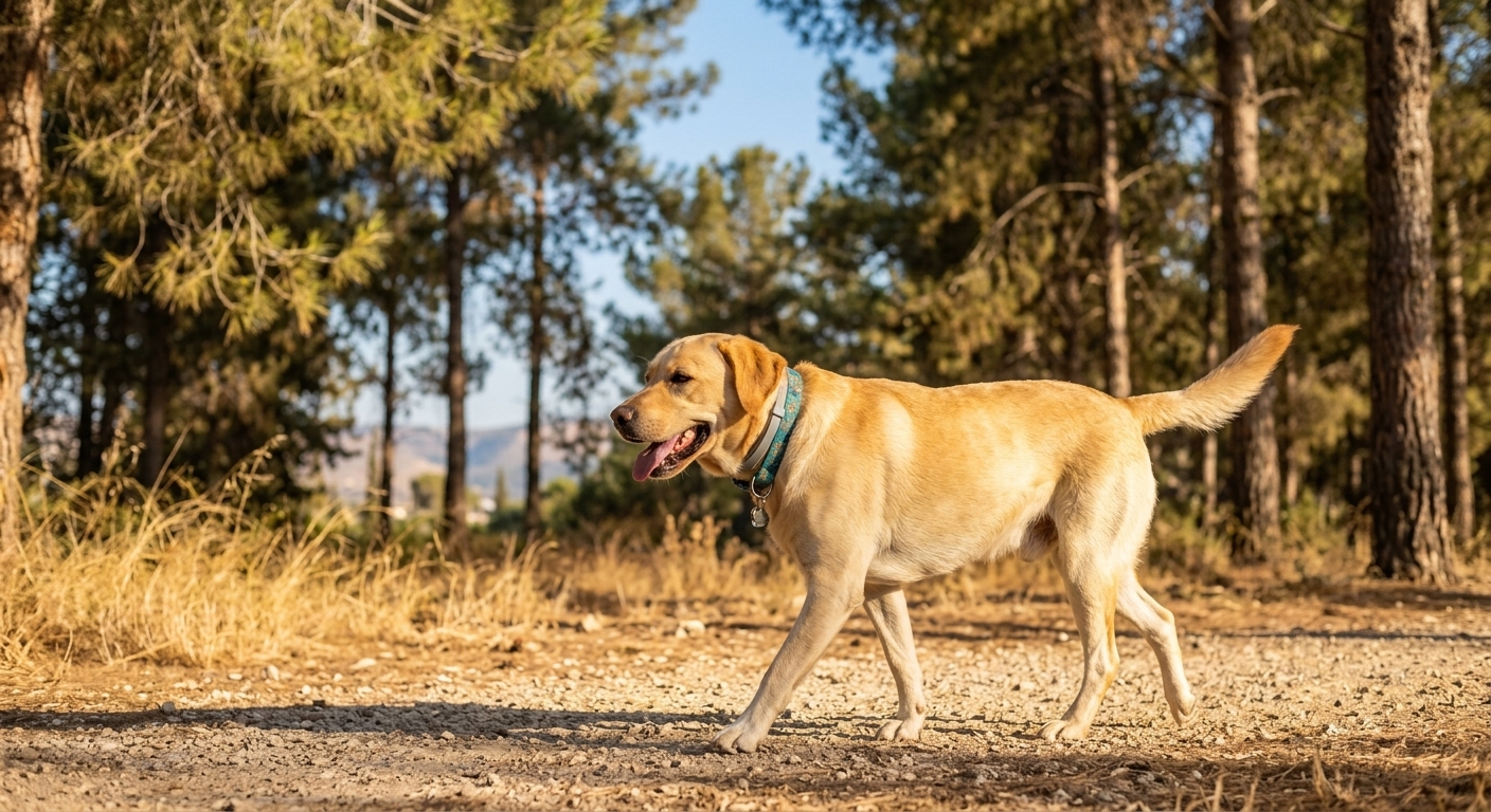 כלב לברדור עם קולר נגד פרעושים בפארק ישראלי