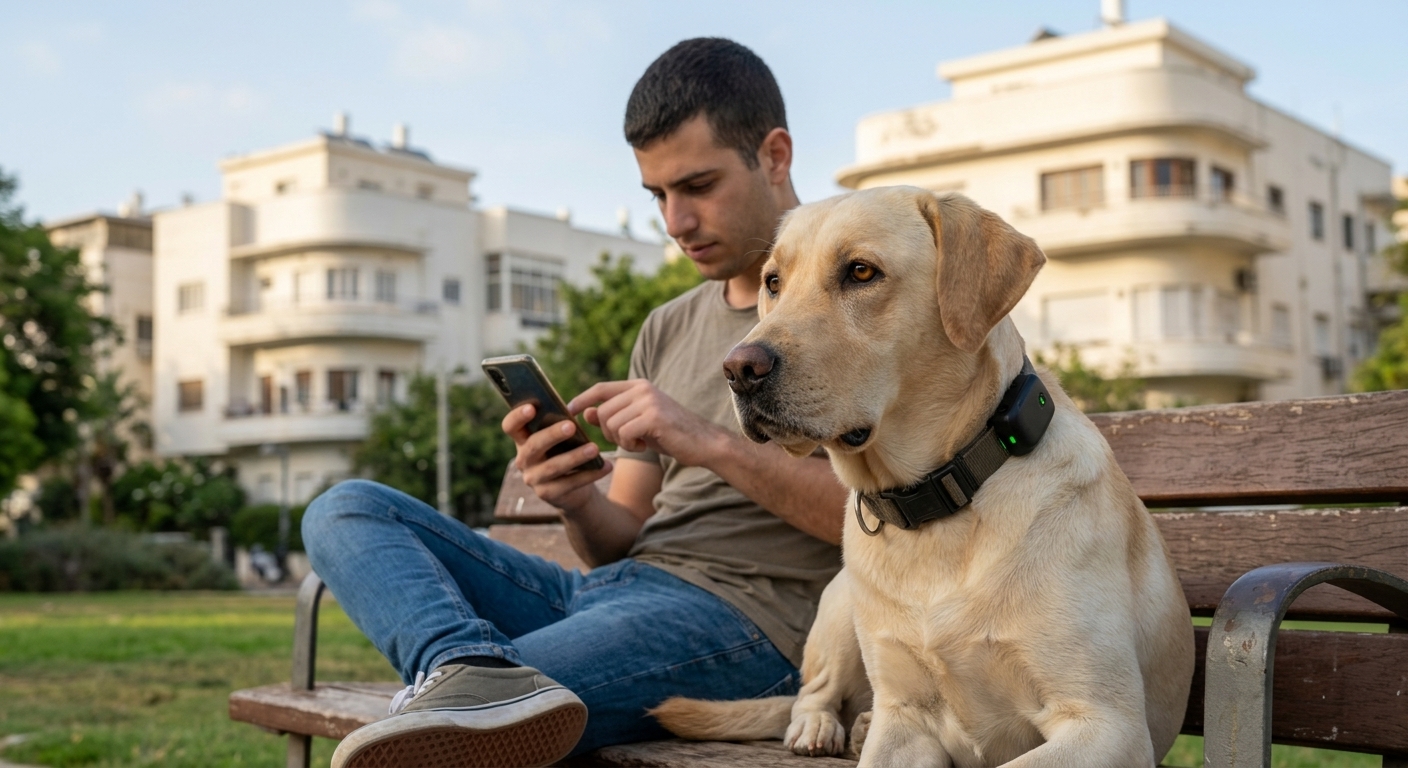 גבר בודק מיקום כלבו באפליקציה בזמן שהכלב עונד קולר GPS