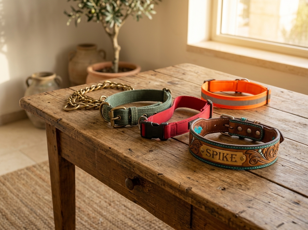 סוגי קולרים שונים לכלבים מסודרים על שולחן עץ