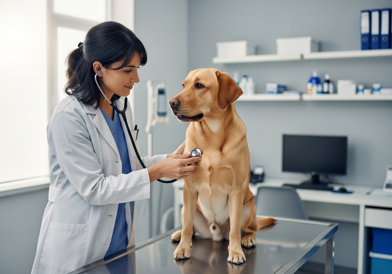 וטרינרית בודקת כלב עם סטטוסקופ במרפאה