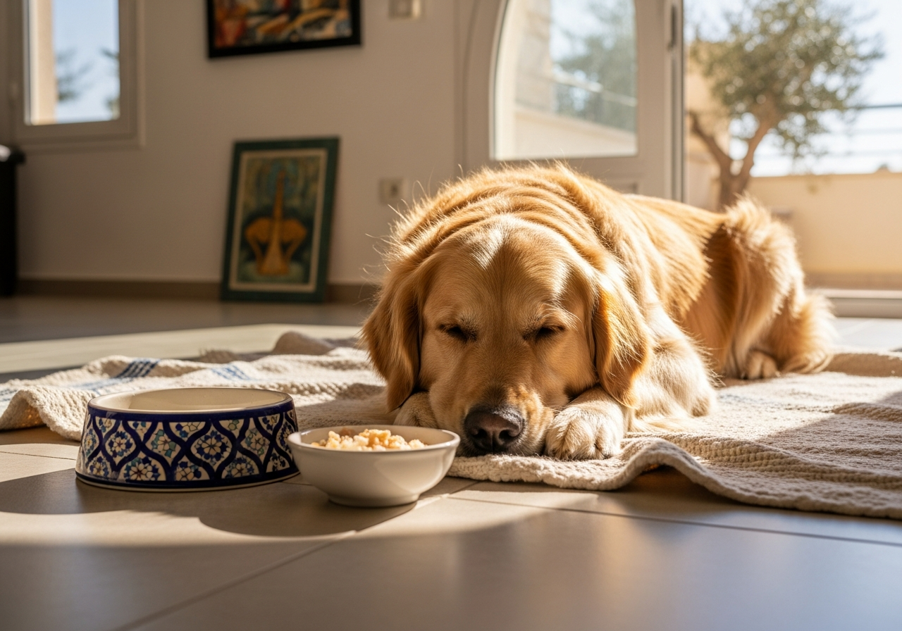כלב שוכב על שמיכה בבית עם קערת מים ומזון קל לצידו
