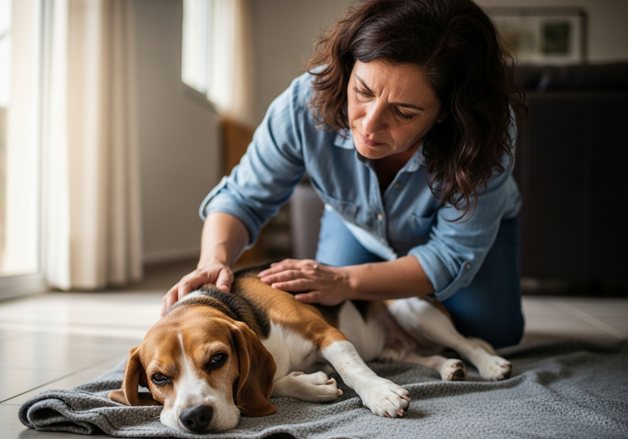 בעלי כלב מודאגים בודקים את הכלב שלהם שלא מרגיש טוב