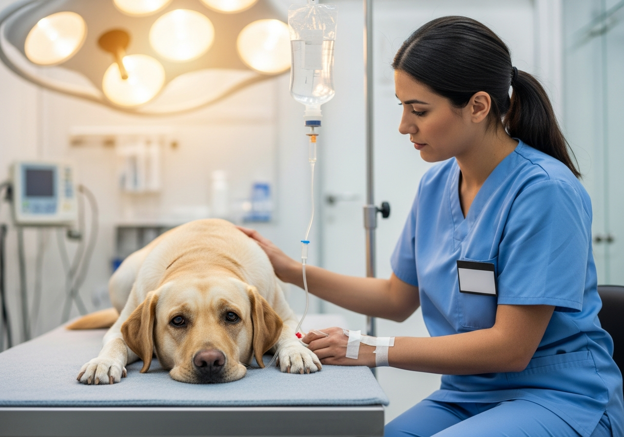 כלב מקבל טיפול בנוזלים במרפאה וטרינרית