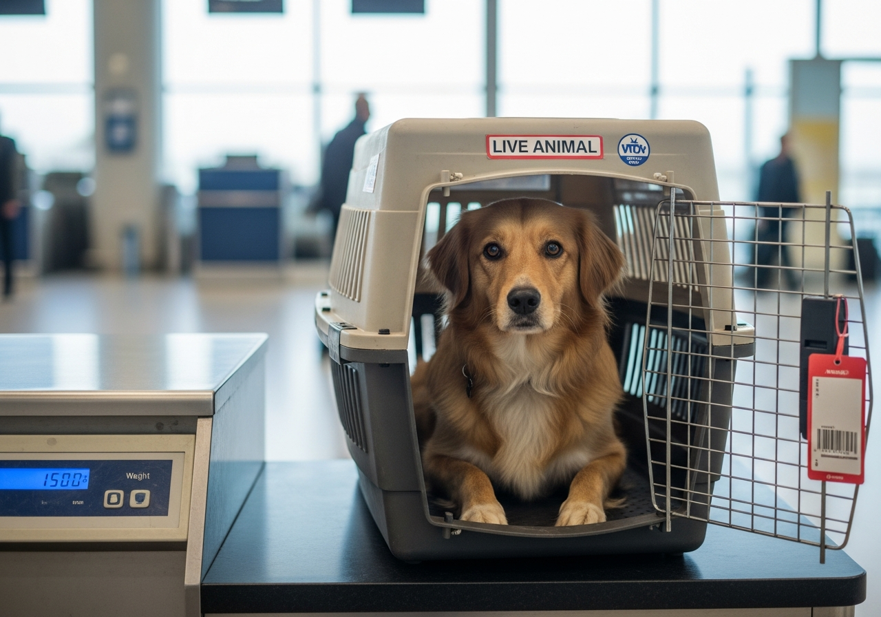 כלב בכלוב טיסה מאושר IATA בנמל תעופה