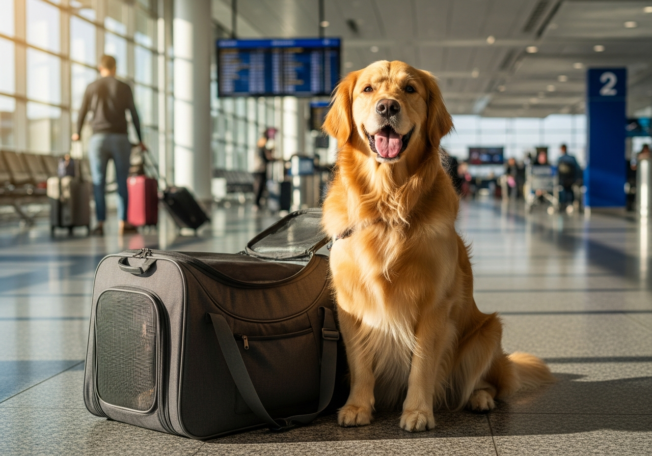 גולדן רטריבר יושב ליד כלוב נסיעה בשדה תעופה
