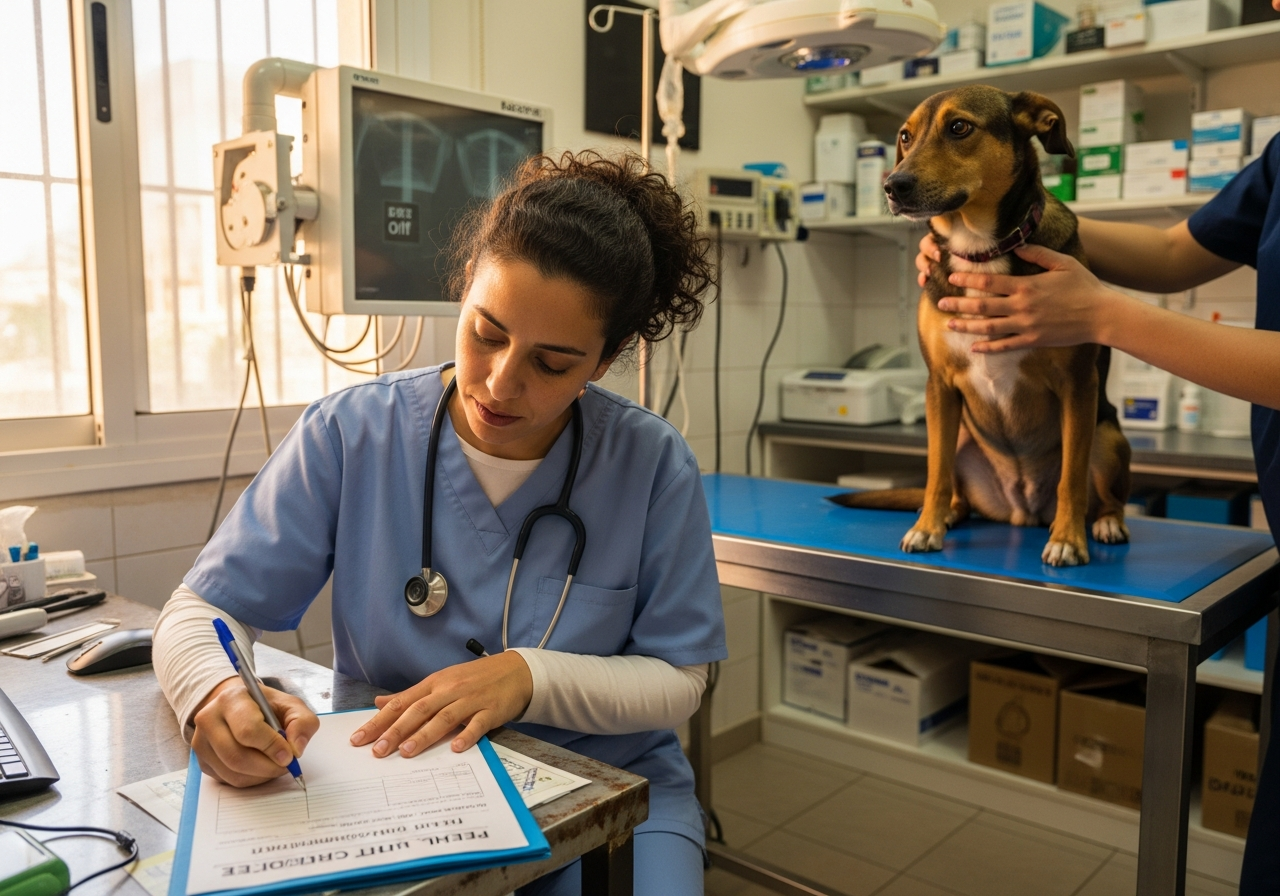 וטרינר ישראלי מכין אישור בריאות לטיסה עם כלב