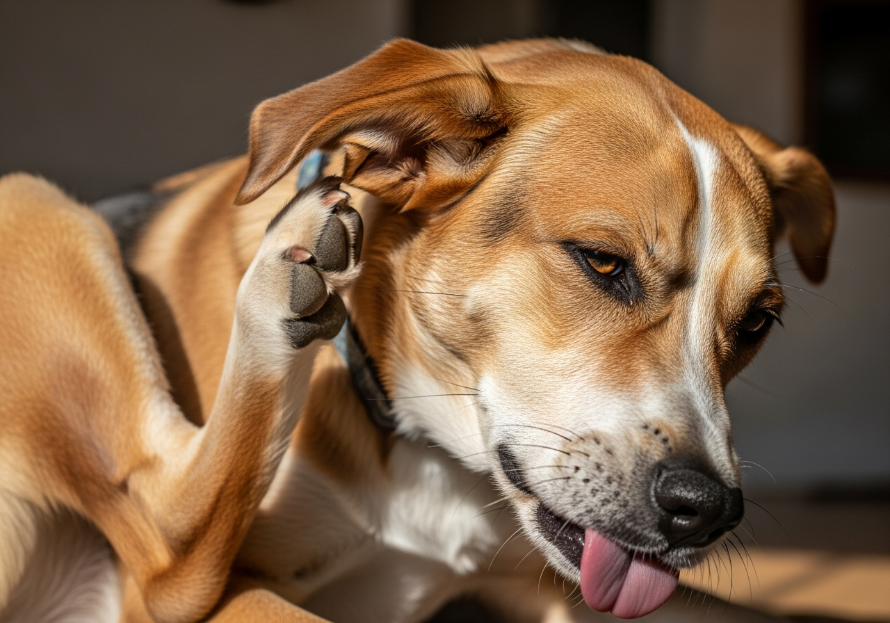 כלב גורד את אוזנו בעוצמה — סימן לאלרגיה למזון