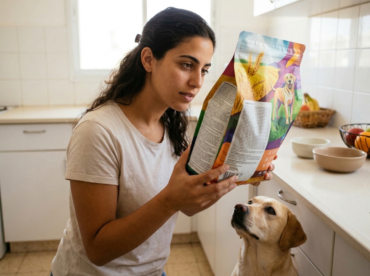בעל כלב ישראלי קורא רשימת רכיבים של אוכל כלב