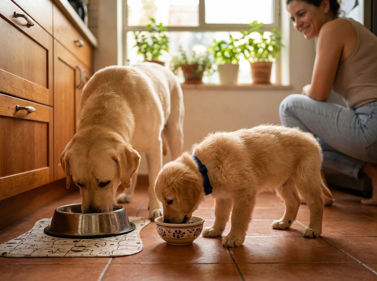 גור וכלב בוגר אוכלים מקערות מזון בבית ישראלי