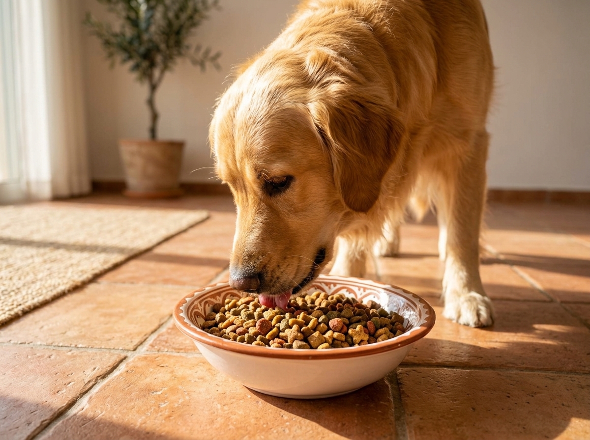 כלב בריא ונרגש עם פרווה מבריקה ליד קערת מזון