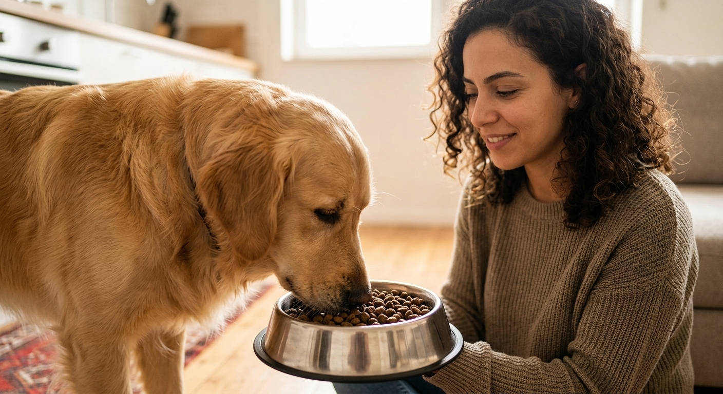 גולדן רטריבר אוכל בעדינות ממזון לקיבה רגישה
