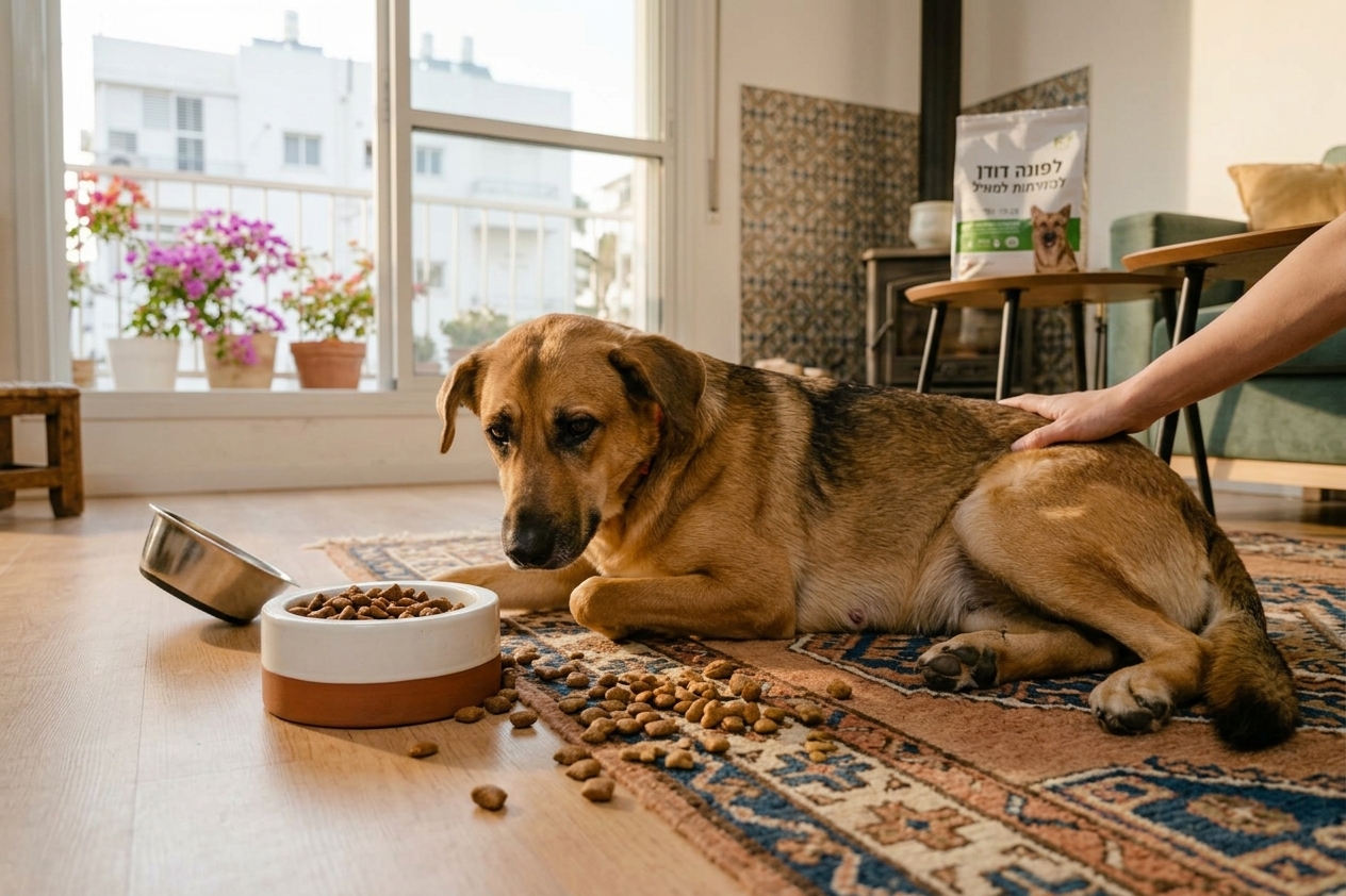כלב שוכב עם כאב בבטן עקב החלפת מזון פתאומית