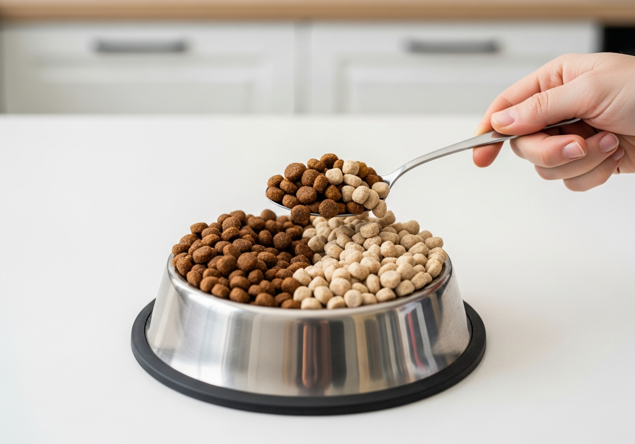 ערבוב מזון ישן וחדש בקערת הכלב