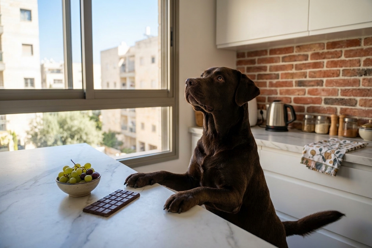 לברדור עומד על רגליים אחוריות סמוך שוקולד וענבים במטבח