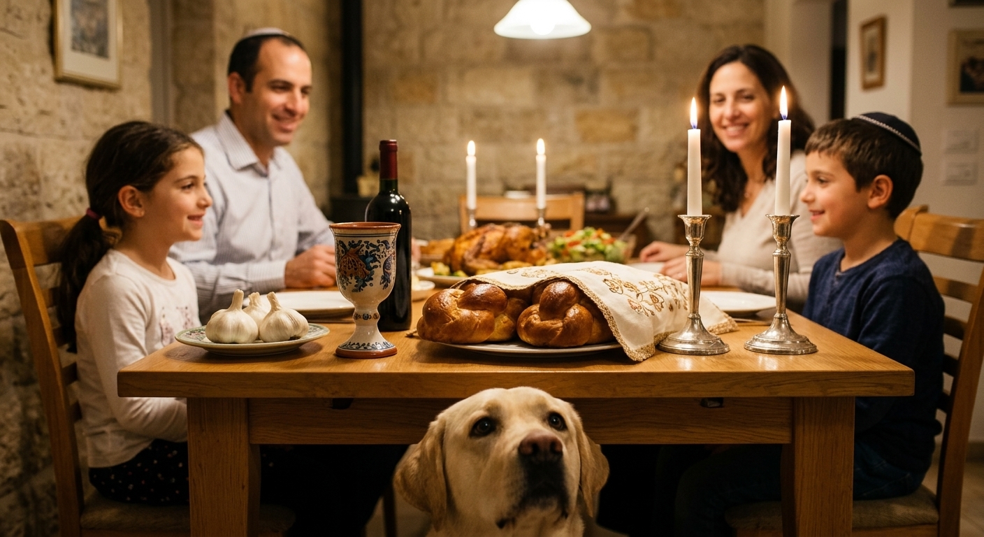 לברדור מתחת שולחן שבת ישראלי עם קליית, יין ושום