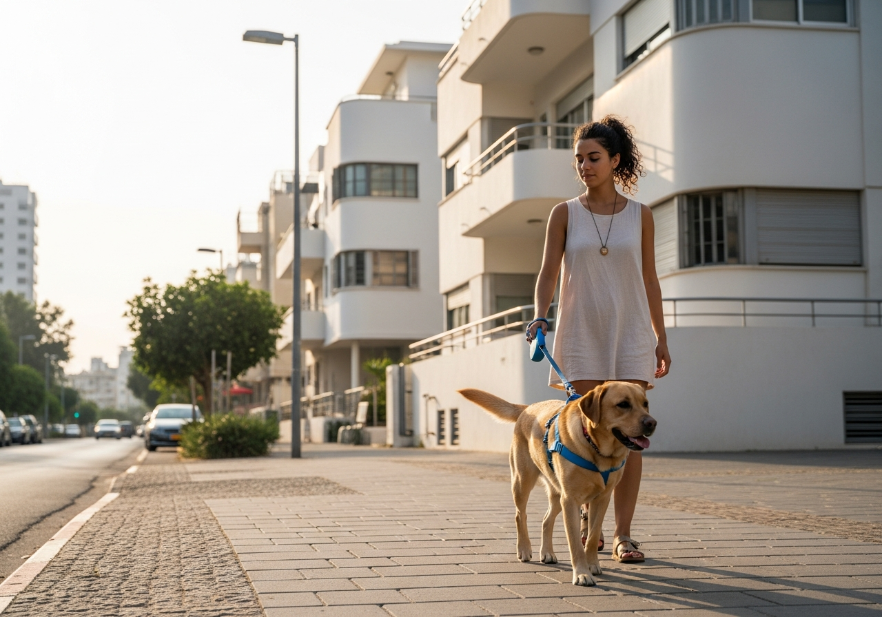 לברדור הולך רגוע עם רתמה נגד משיכות ברחוב בתל אביב