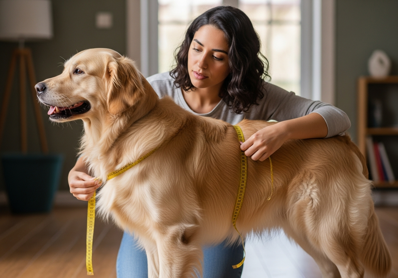 בעלת כלב מודדת היקף חזה של גולדן רטריבר עם סרט מדידה