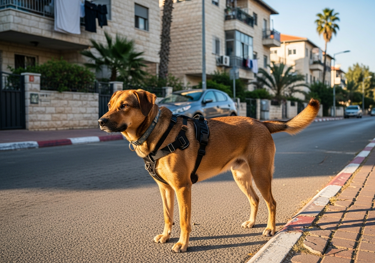 כלב מעורב עם רתמה דו-כיוונית ברחוב ישראלי