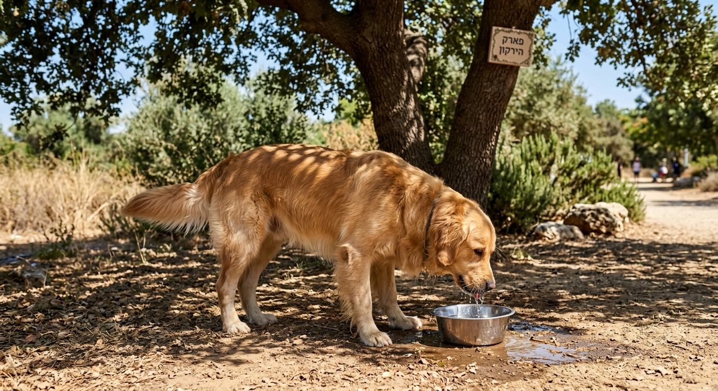 גולדן רטריבר שותה מים בצל עץ ביום קיץ