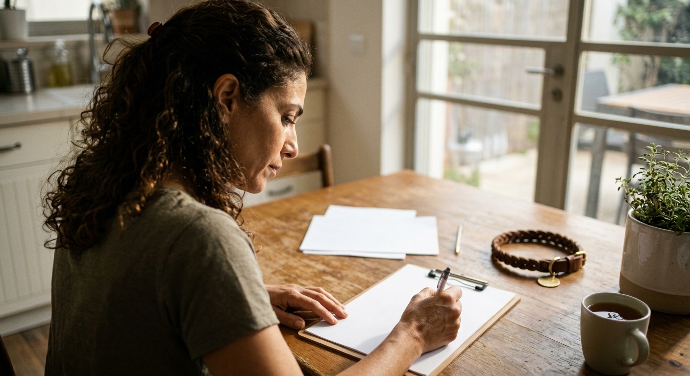 אישה ישראלית סוקרת מסמכי ביטוח צד ג׳ לכלב