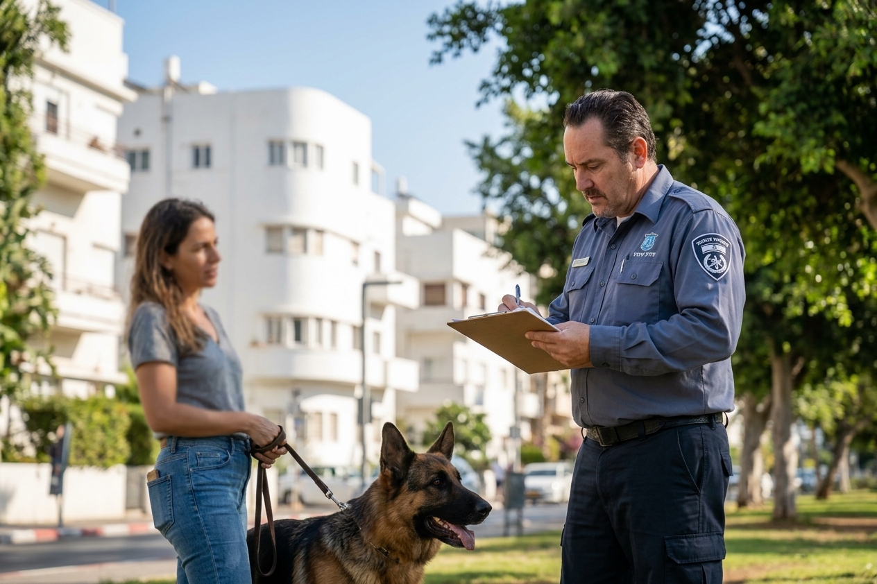 מפקח עירוני ישראלי מבחין רישוי כלב בפארק תל אביב