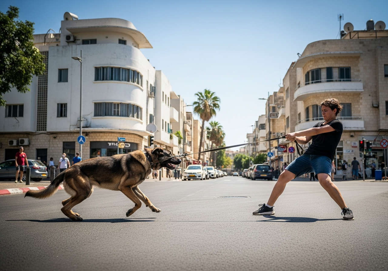 כלב גדול מושך ברצועה ברחוב ישראלי